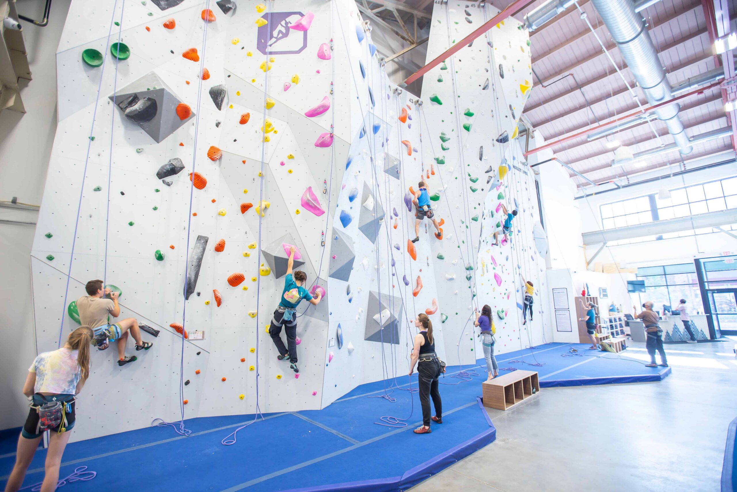 Climbers top rope and lead climb on a large area of wall.