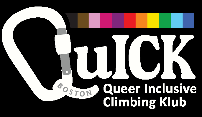 The QuICK logo which is the Word Quick with the Q being a carabiner and a rainbow bar of colors over the words. Text reads Queer Inclusive Climbing Klub.