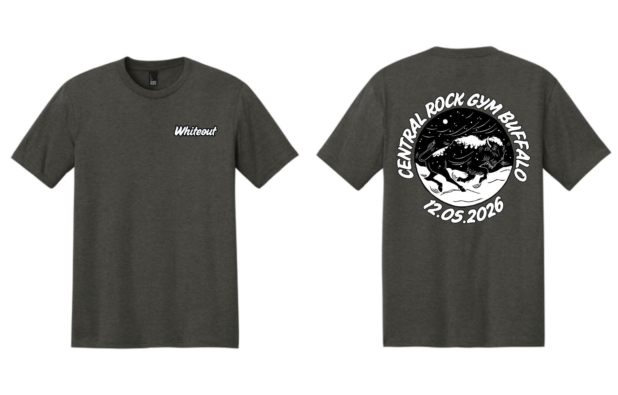 image of t shirts for order - says whiteout on front left breast and logo with snowy bison on the back - grey shirt with black and white print
