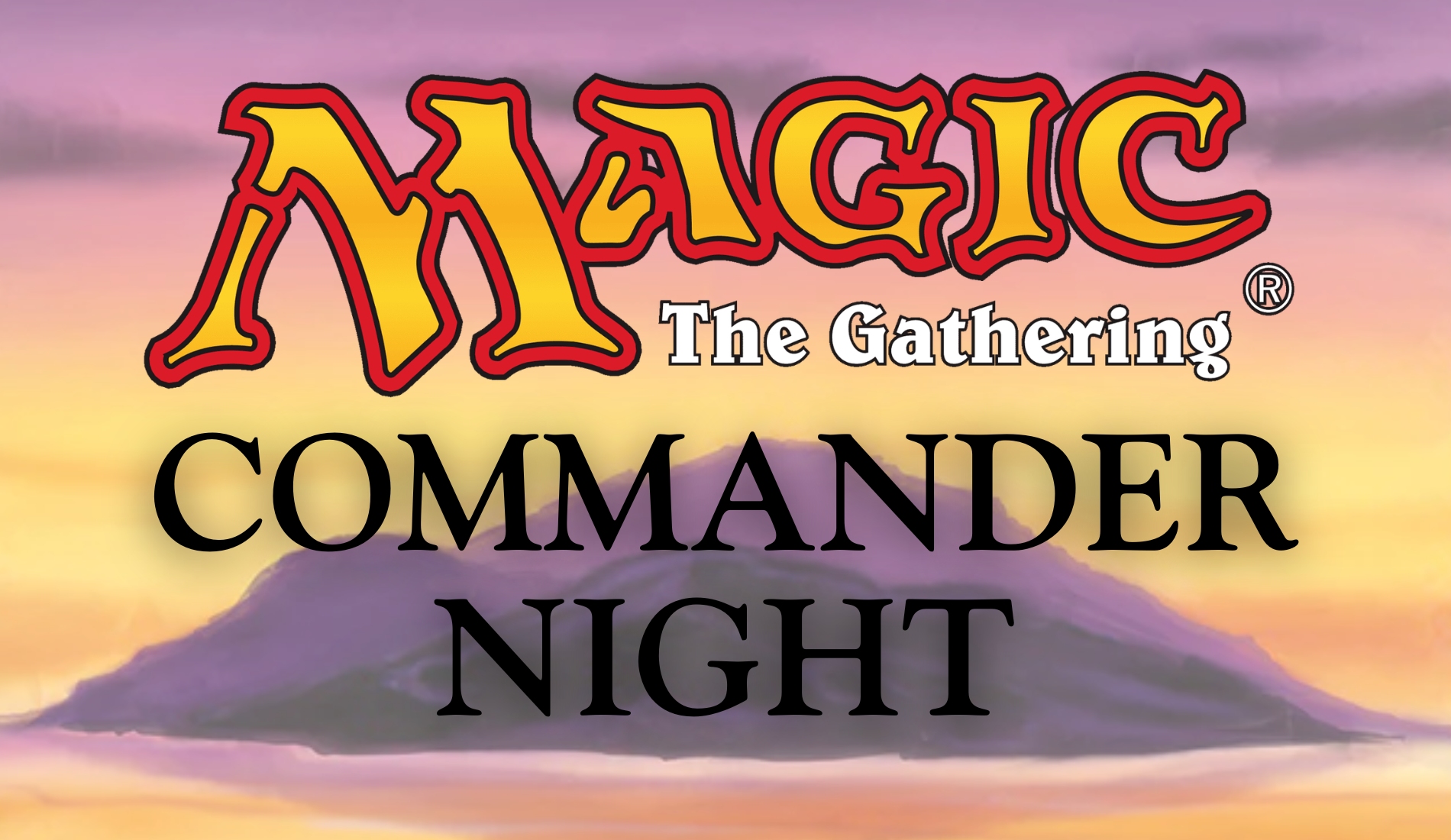 A promotional graphic for Magic: The Gathering Commander Night, featuring the Magic logo over a purple mountain sunset background.