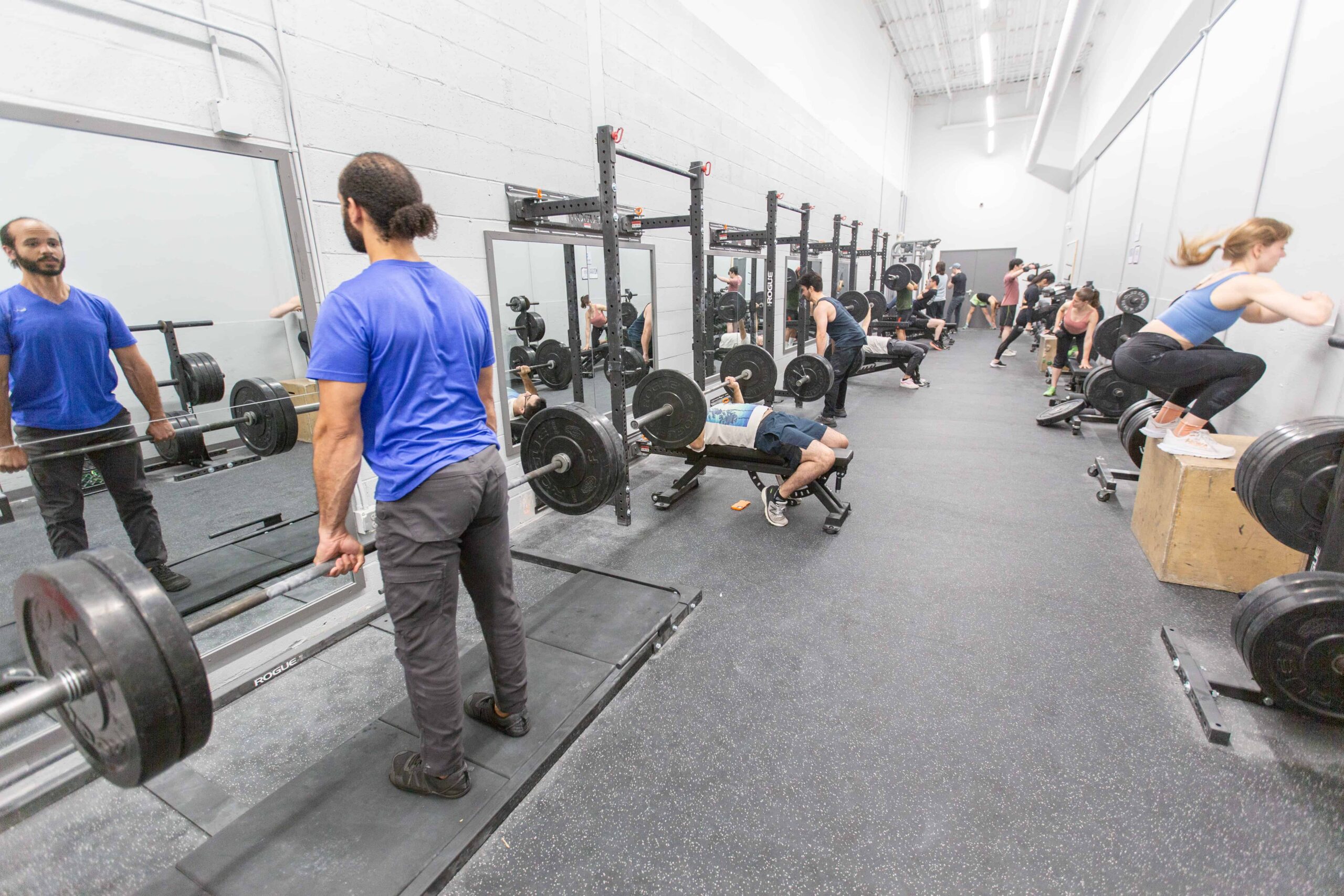 Members work out in the fitness area at Central Rock Gym Cambridge — deadlifting, bench pressing, and box jumping with squat racks and barbells throughout the open gym floor