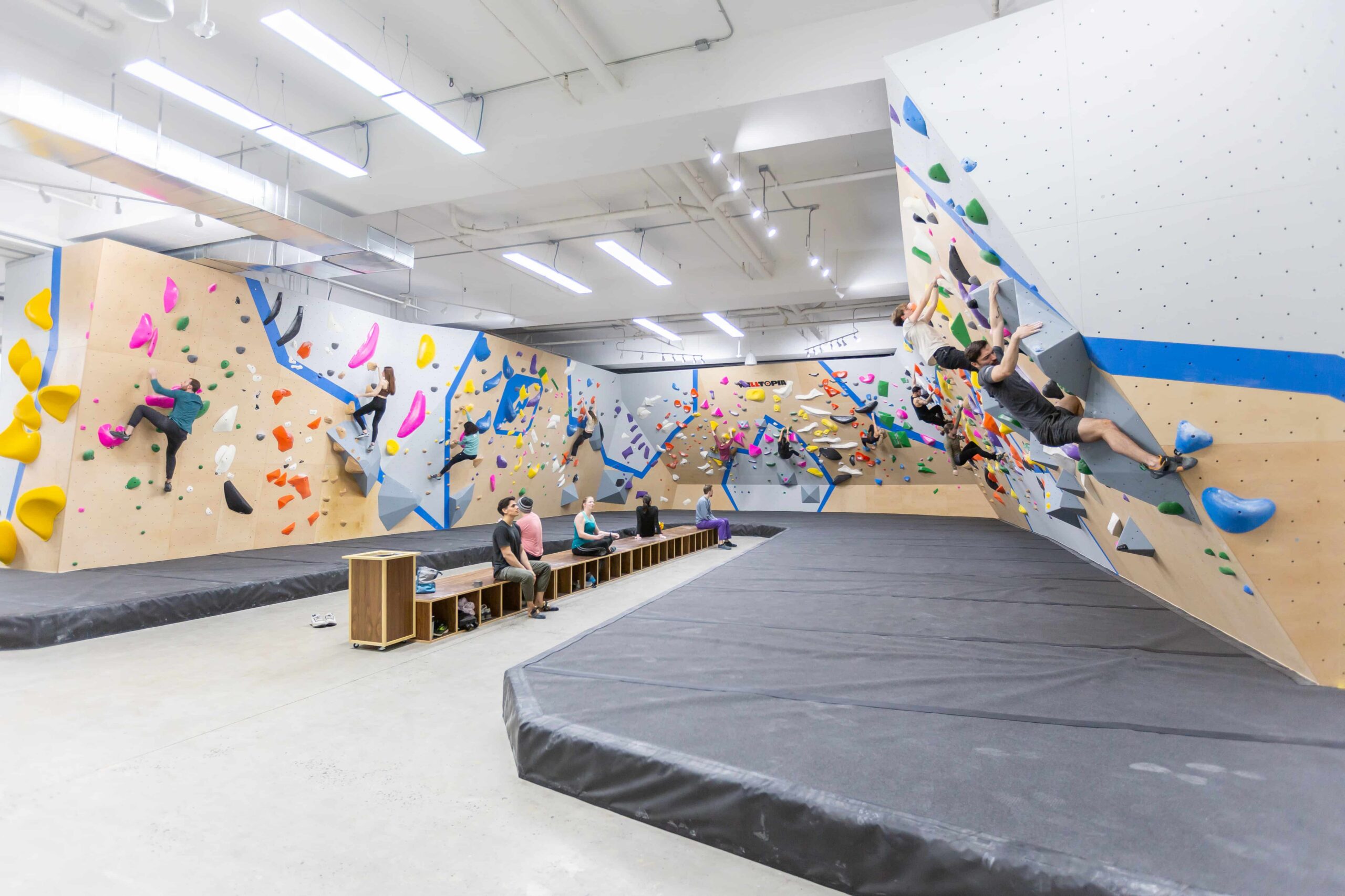 CRG Chelsea's bouldering walls. Several climbers are bouldering while others watch and sit on cubby benches next to a chalk station.