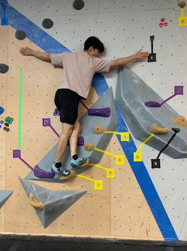 A man wearing climbing shoes and ankle socks is balancing on a slab climb with his arms stretched wide and his feet crossed over.
