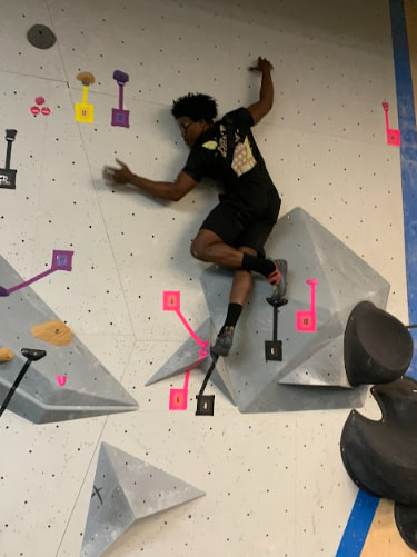 A man wearing crew socks and climbing shoes is balancing on one leg while the other foot crosses behind his leg like a flamingo.