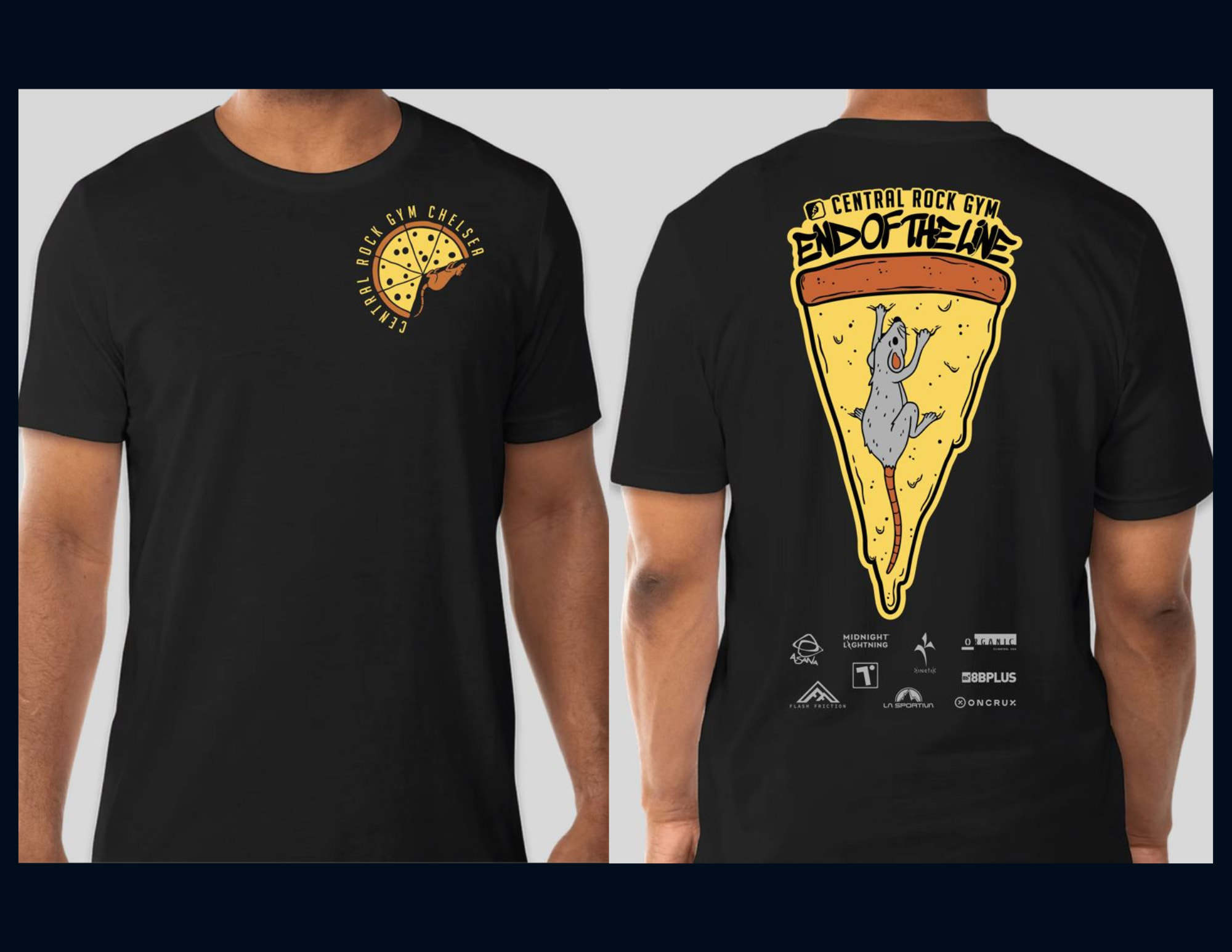 The front and back of the End of the Line T-shirt design. The front has a small design on the right side of the shirt and is 3/4 of a pizza with a rat climbing on the overhang created by the missing slices of pizza. Text wraps around the pizza and reads: Central Rock Gym Chelsea. On the back of the shirt there is one large slice of cheese pizza with a rat climbing up it. Above the crust it reads: Central Rock Gym End of the Line. Underneath the pizza slice there is a list of sponsors logos including: Asana, Midnight Lightning, Kinetic, Organic, Flash Friction, Tension, La Sportiva, 8BPlus, and On Crux.
