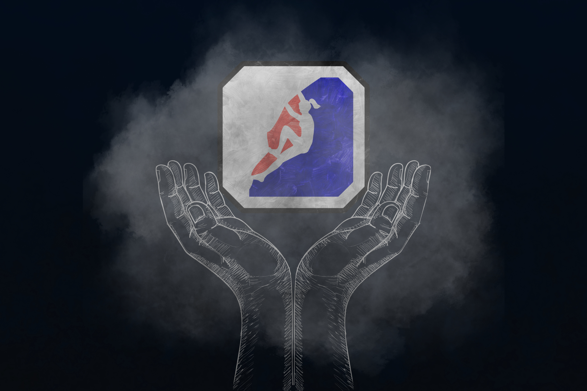 A graphic of two hands lifted up together with wrists touching. In between the hands is the Central Rock Gym logo with the Major League colors. A cloud of chalk illuminates the hands against a dark background.