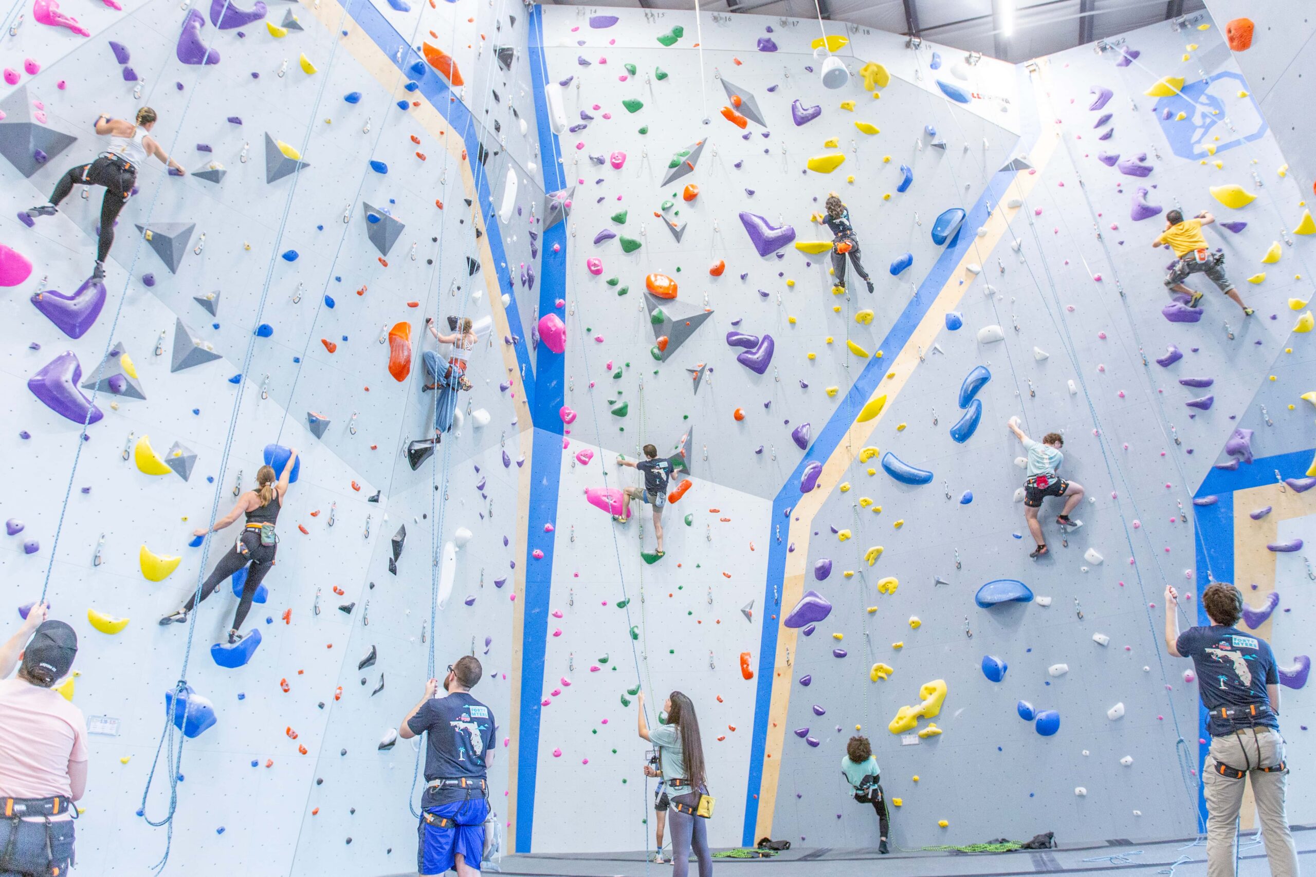 Climbers lead and top rope climb.