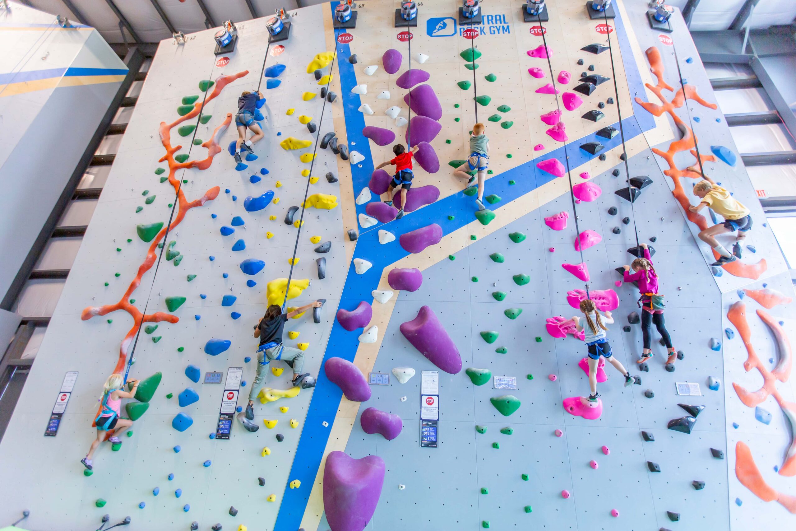 A group of kids auto belay together.