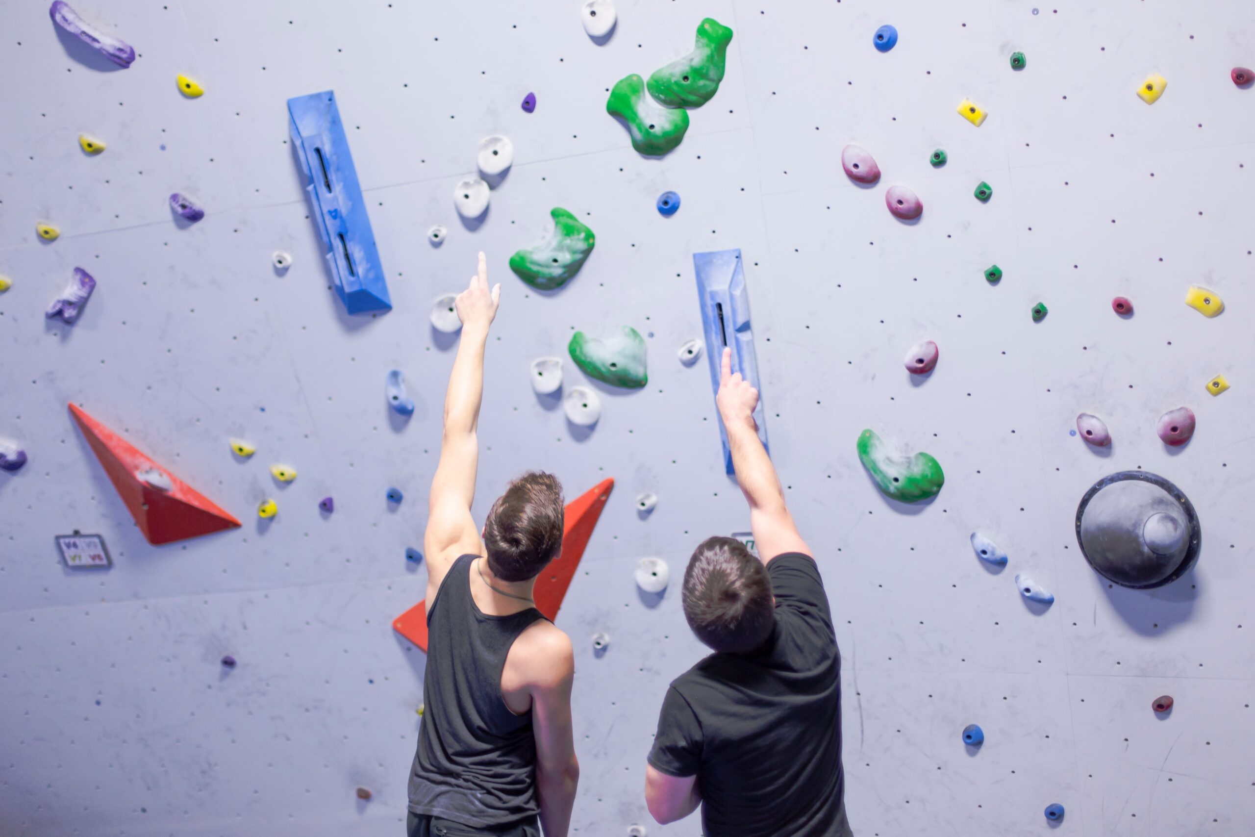 Two climbers pointing at the wall.
