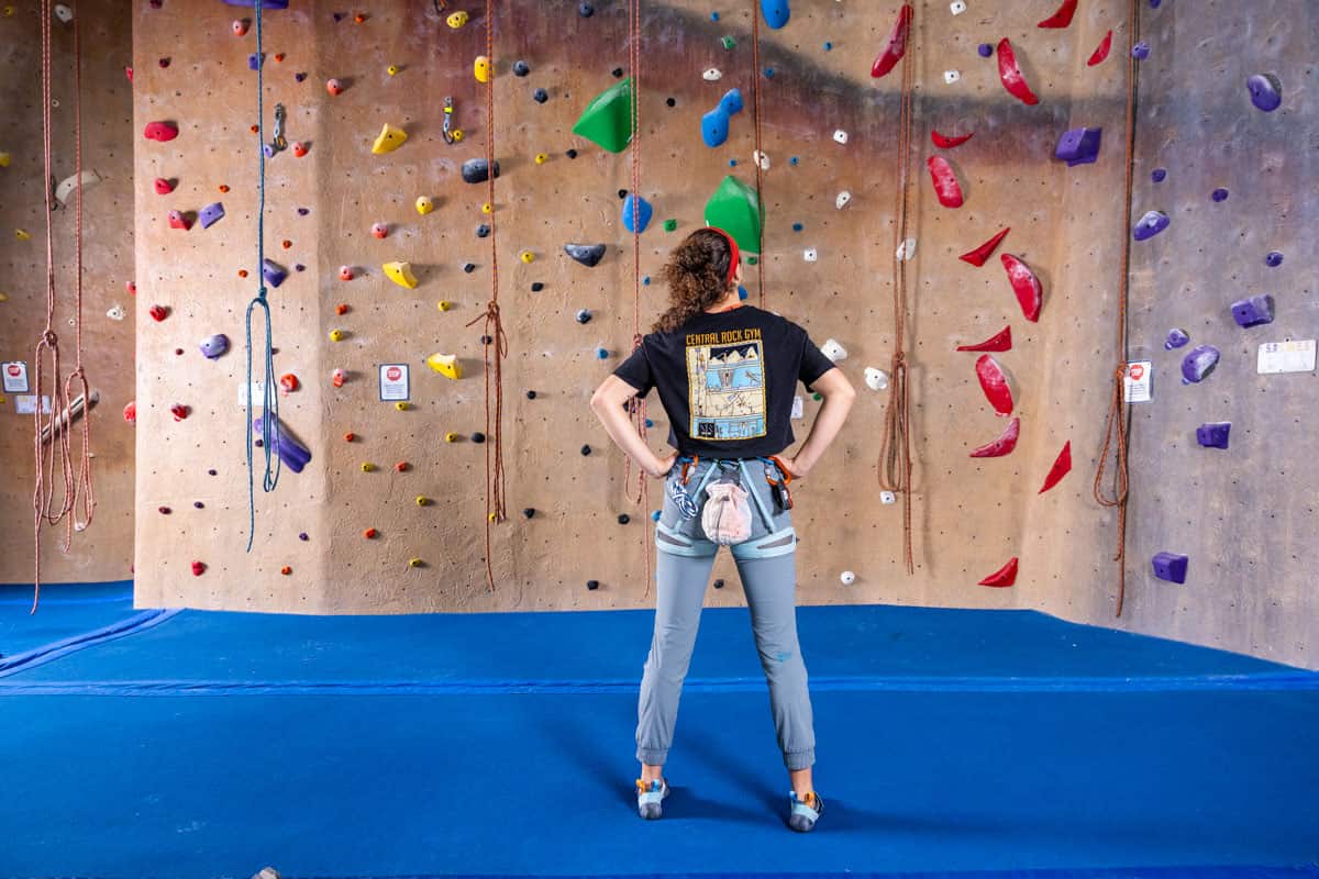 Photo of climber looking at climbing wall at Central Rock Gym in Hadley