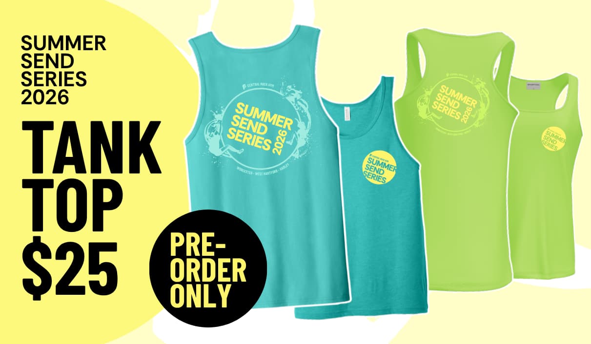 Photo displays Green and Teal Tank tops with Central Rock Gym Summer Send Series Logo. Photo text: Summer Send Series 2026 Tank Top $25 Pre-Order Only