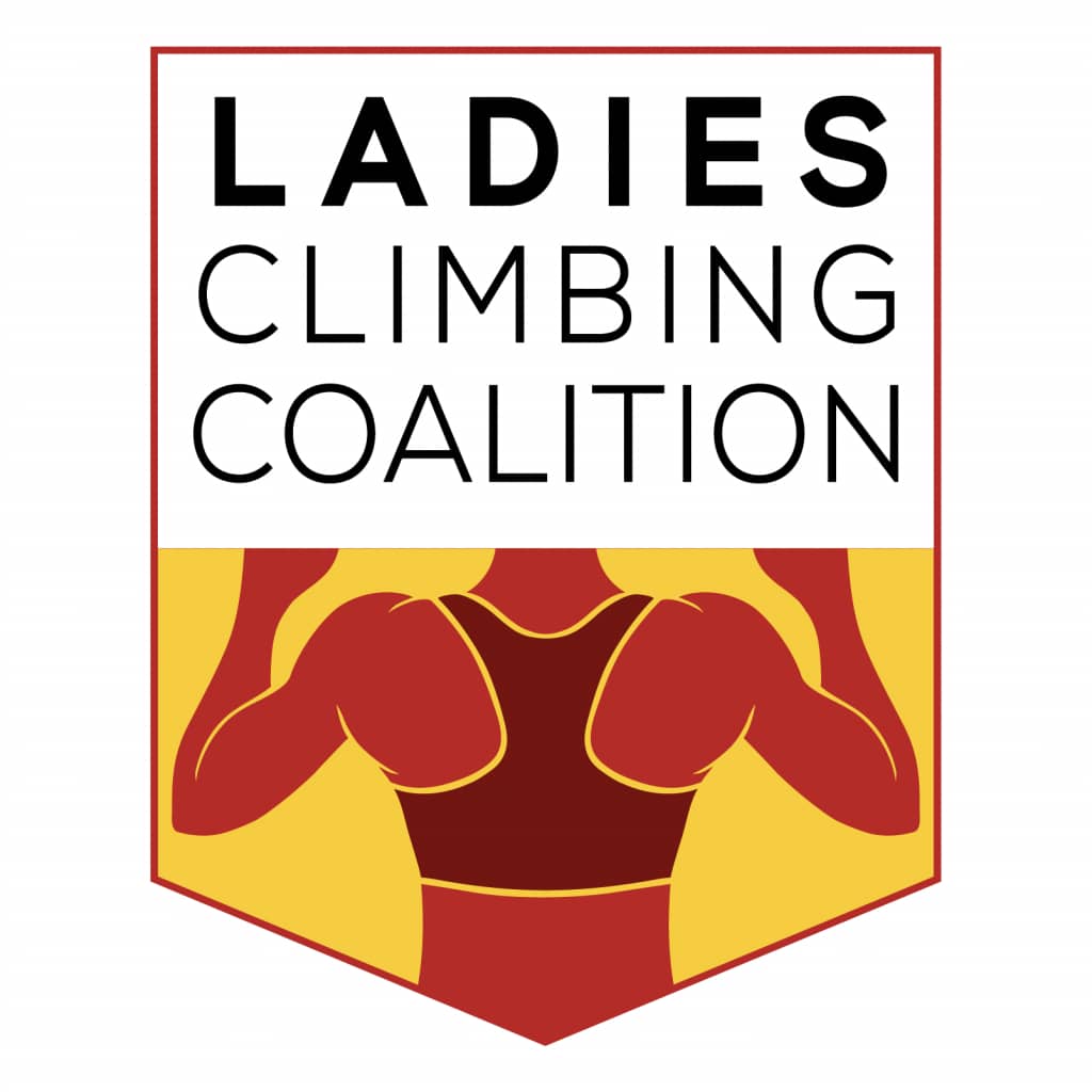 The Ladies Climbing Coalition logo shows the cartoon back of a climber doing a pull-up and wearing a sports bra.