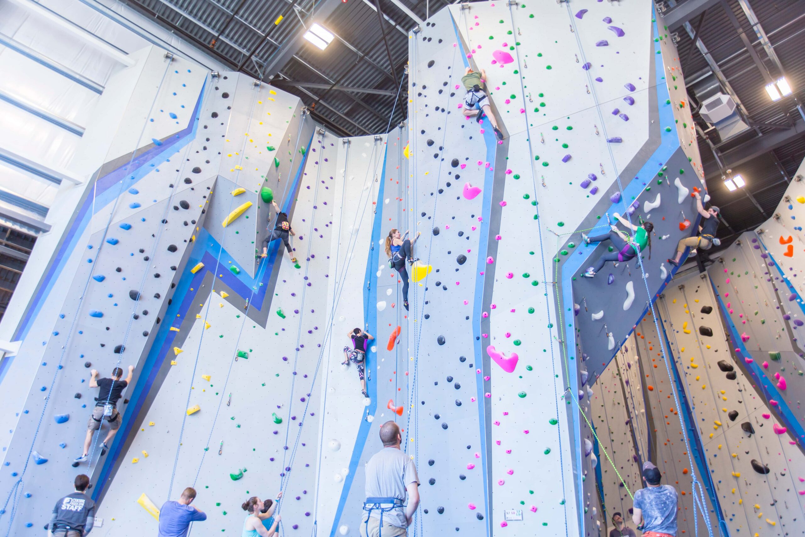 Climbers ascend on top rope and lead.