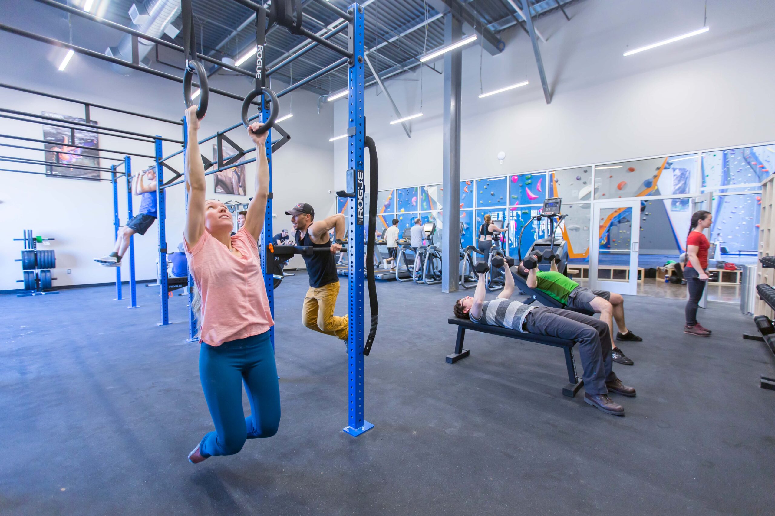 A group of people train in a gym with free weights and a rogue cage.