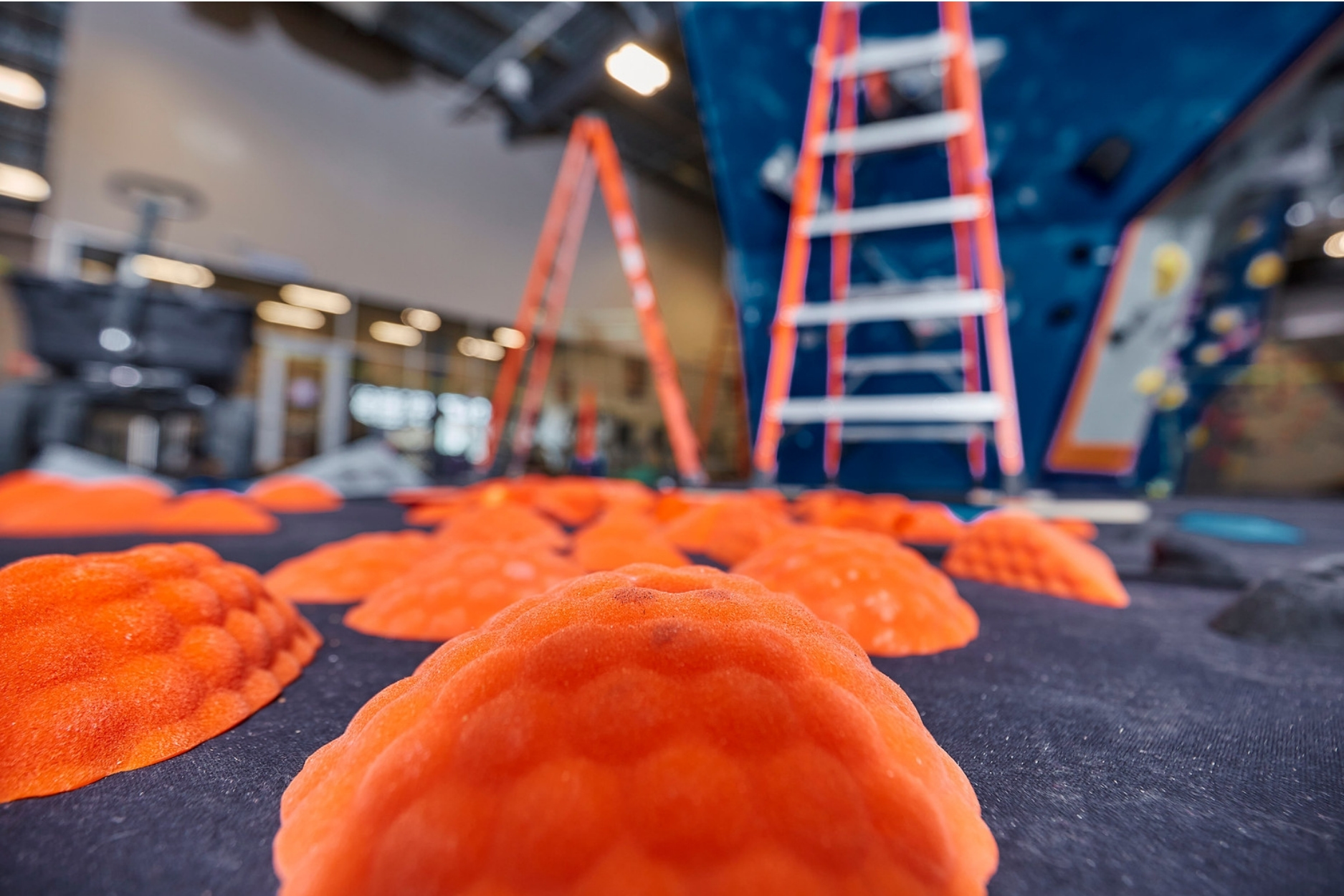 Climbing holds on the ground prior to getting set on the wall.