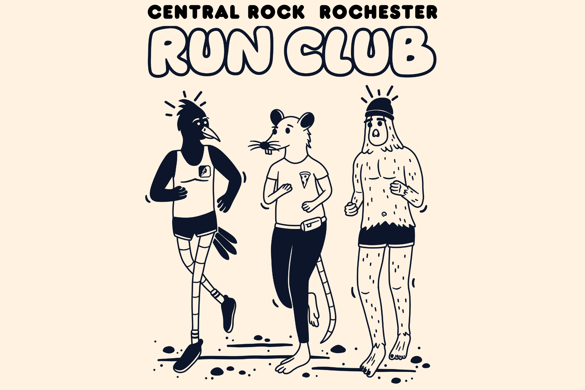 Run Club Graphic of 3 animals running together in jogging attire.
