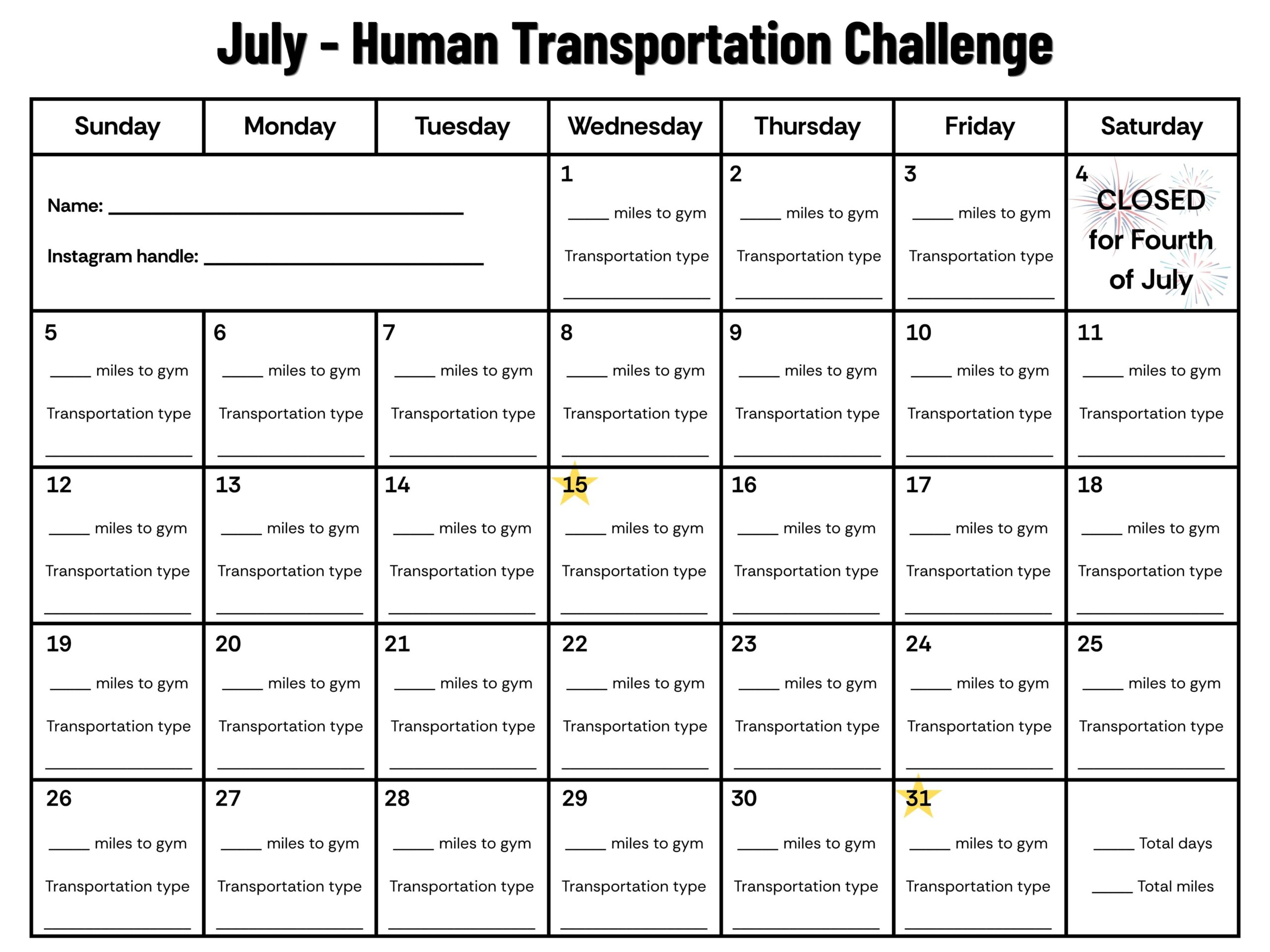 A calendar for people to track their progress on the Human Powered Transportation Challenge