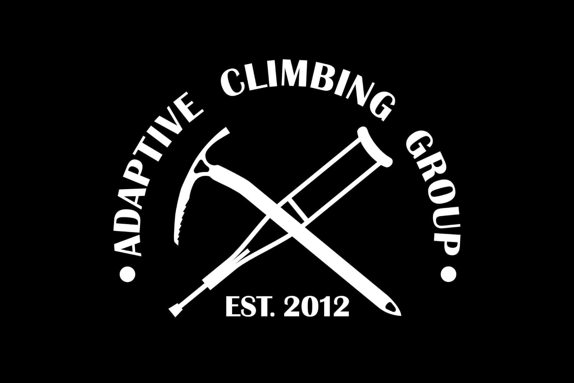 The adaptive climbing group logo which is The text: Adaptive Climbing Group Est. 2012 wrapped over a crutch which is crossed over a climbing ice pick.