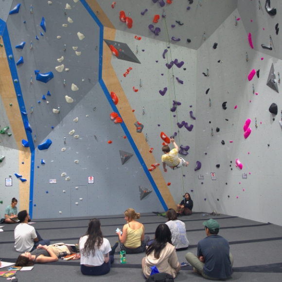 A crowd of artists sits around a model suspended on a climbing rope.