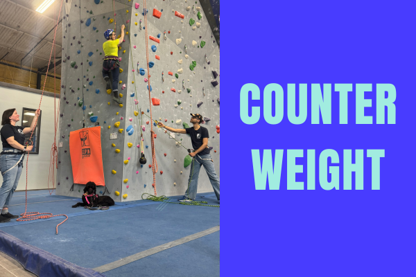 An adaptive climber ascends on top rope belay using the counterweight system. Their service dog and two belayers are on the ground.