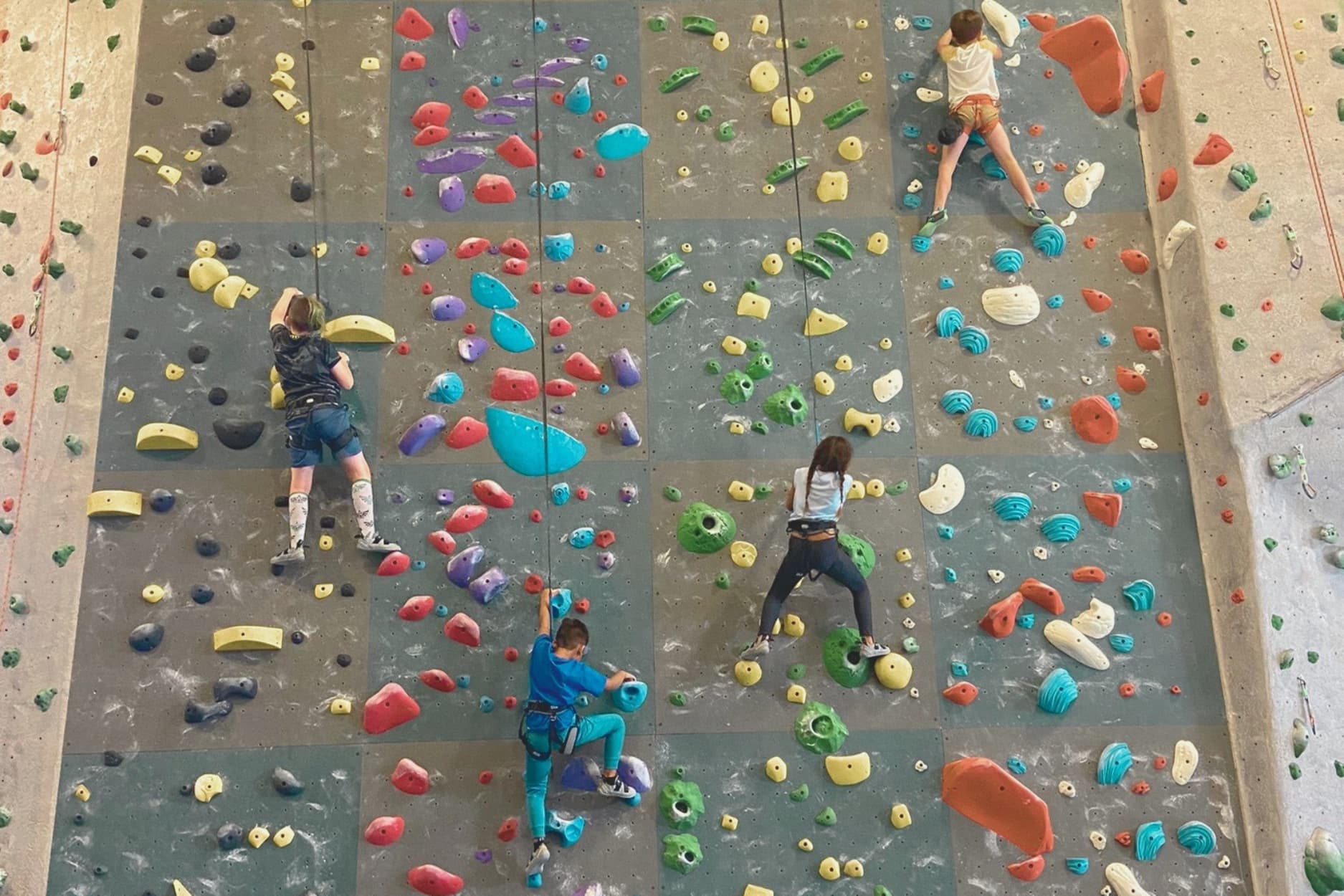4 young people are top rope climbing at central rock gym
