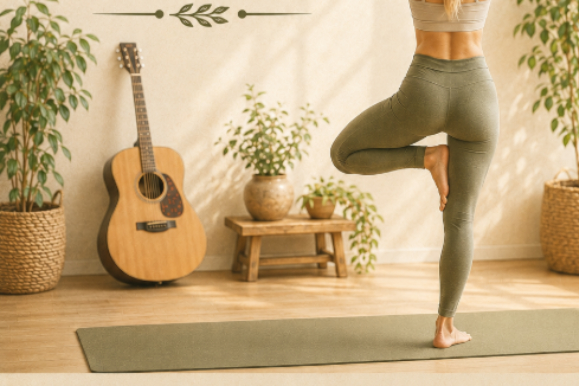 A woman does a tree pose on a yoga mat with a guitar leaning up against the wall.