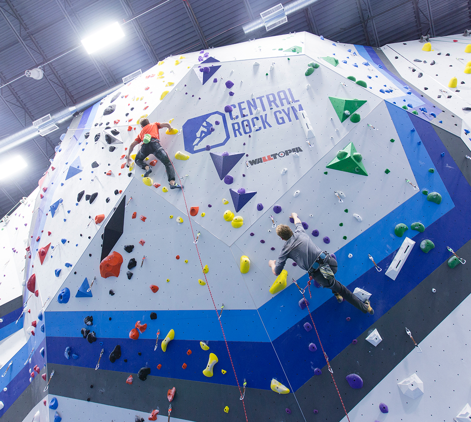 Two climbers scale a colorful indoor rock climbing wall with various holds at Central Rock Gym. The scene is dynamic and energetic.