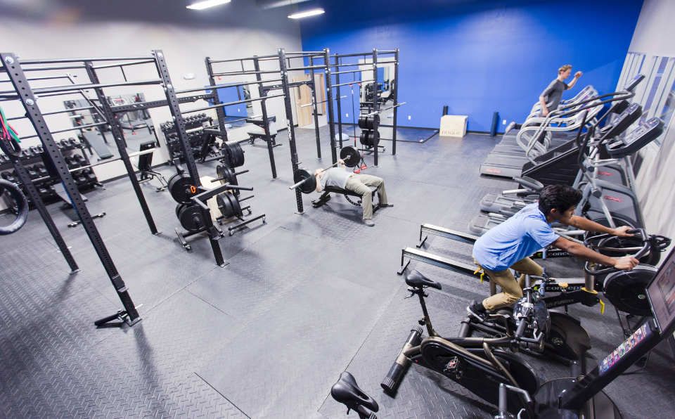 A photo of a fitness space where individuals are biking, bench pressing, and doing pull ups.