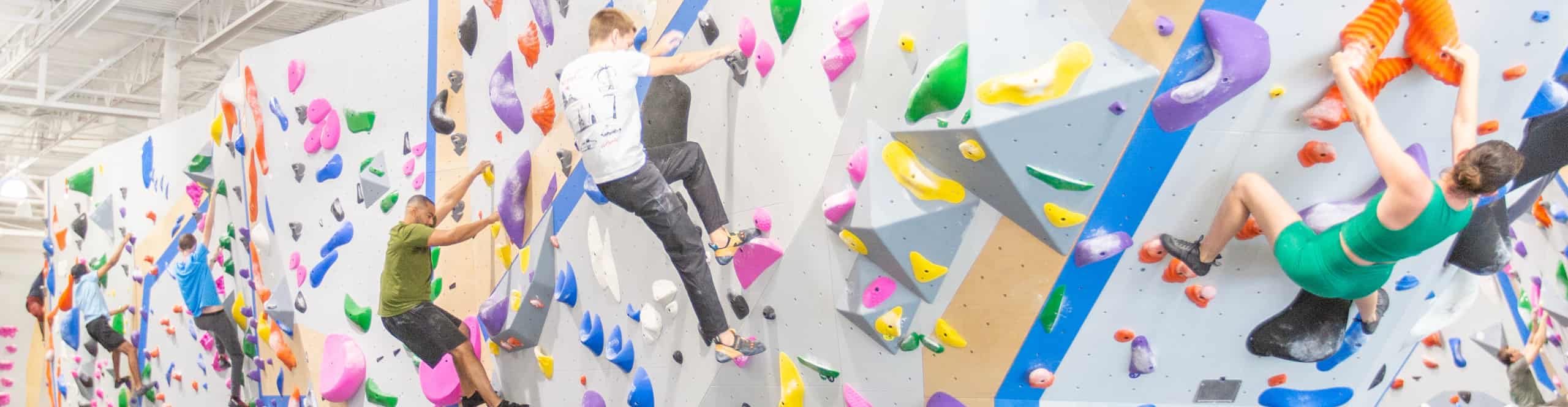 A bouldering wall with multiple people climbing on various climbs.