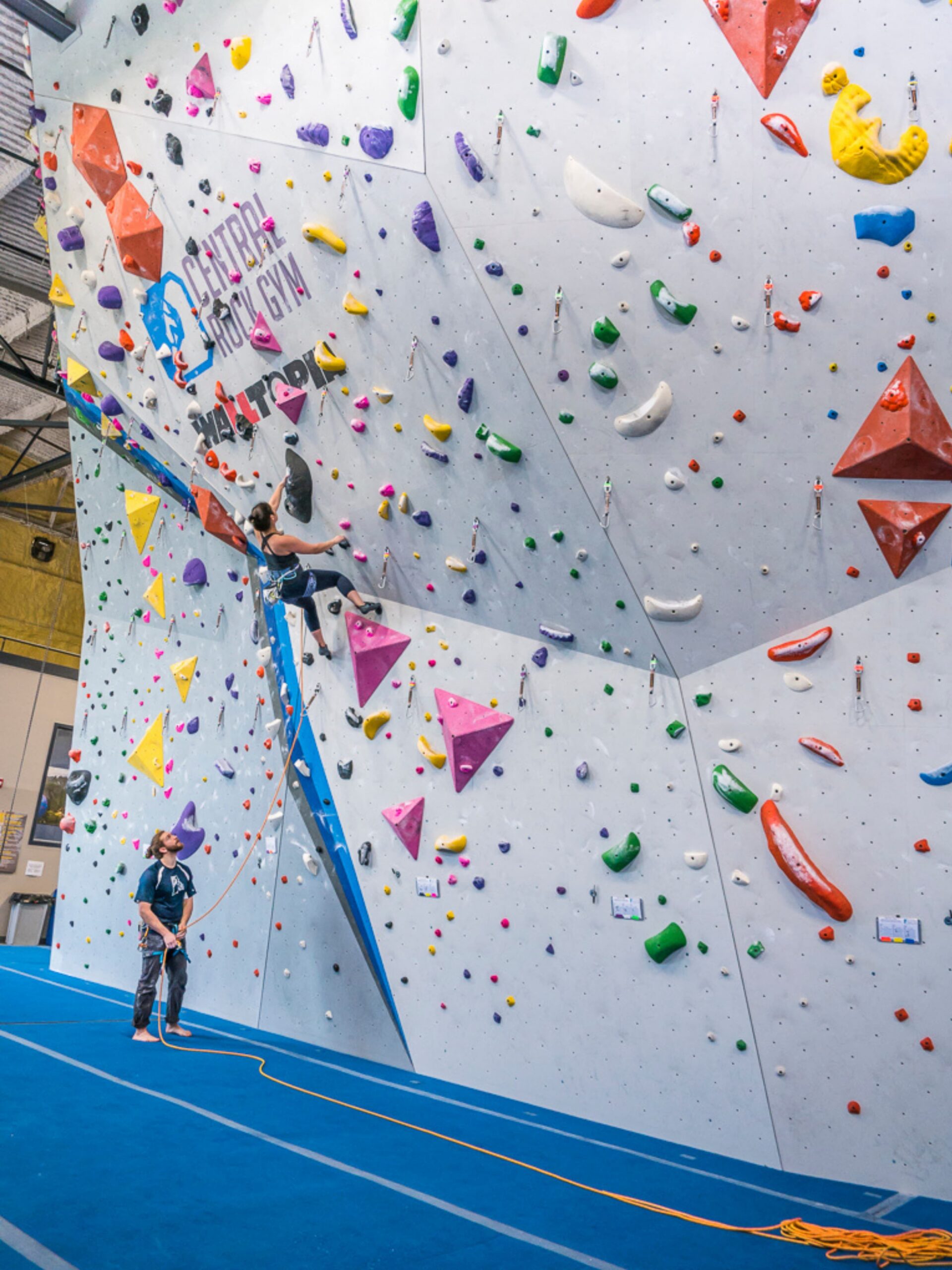 A wide photo of rock walls taken at central rock gym