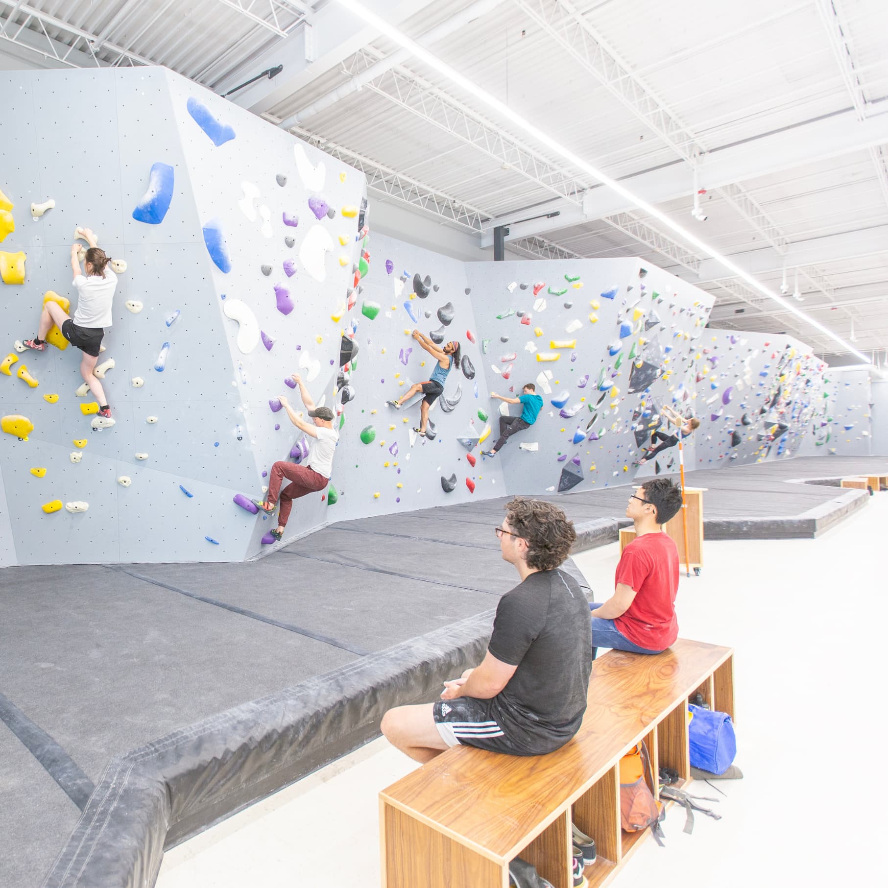 A wide photo of rock walls at central rock gym