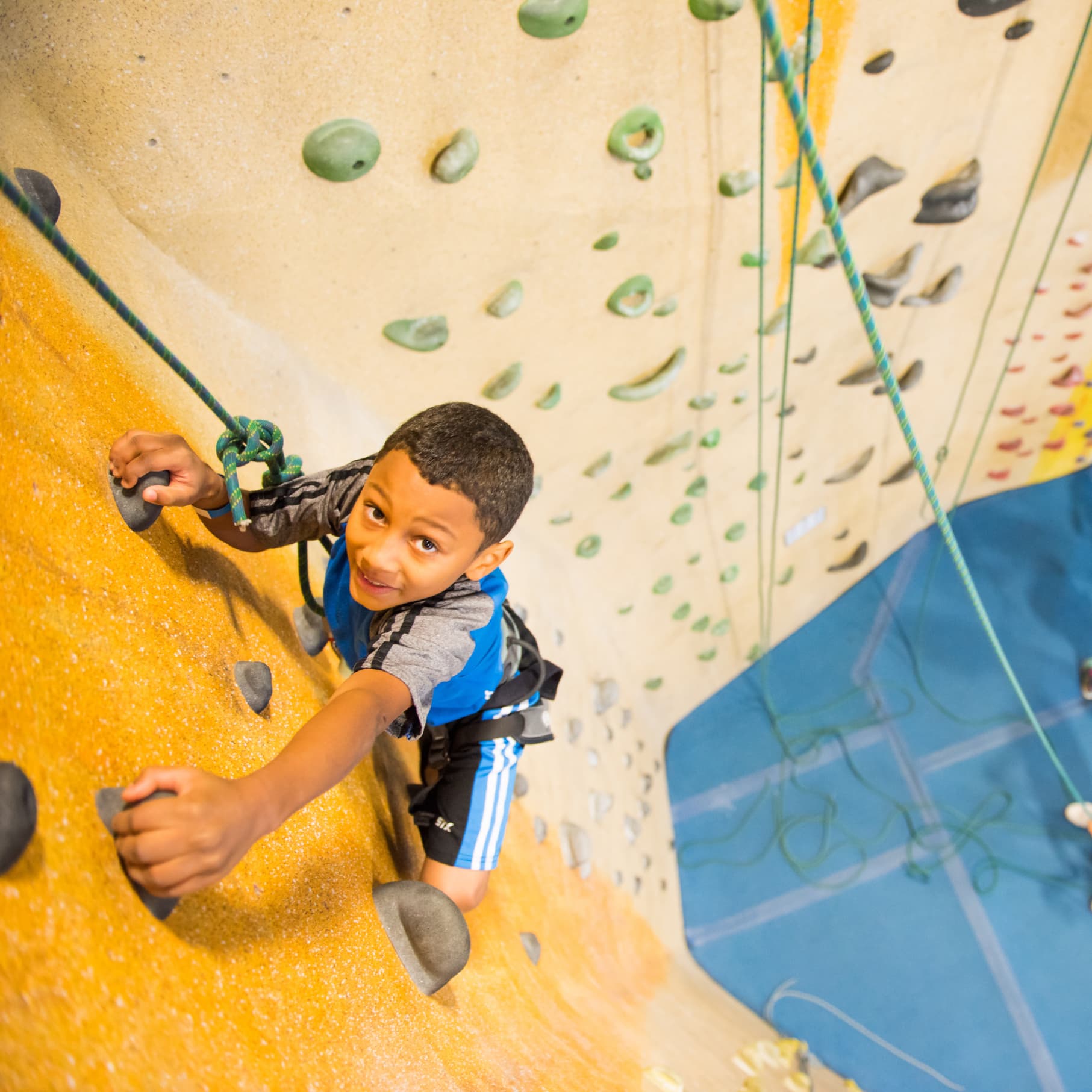 A little boy rop climbing while looking at camera at Central Rock Gym