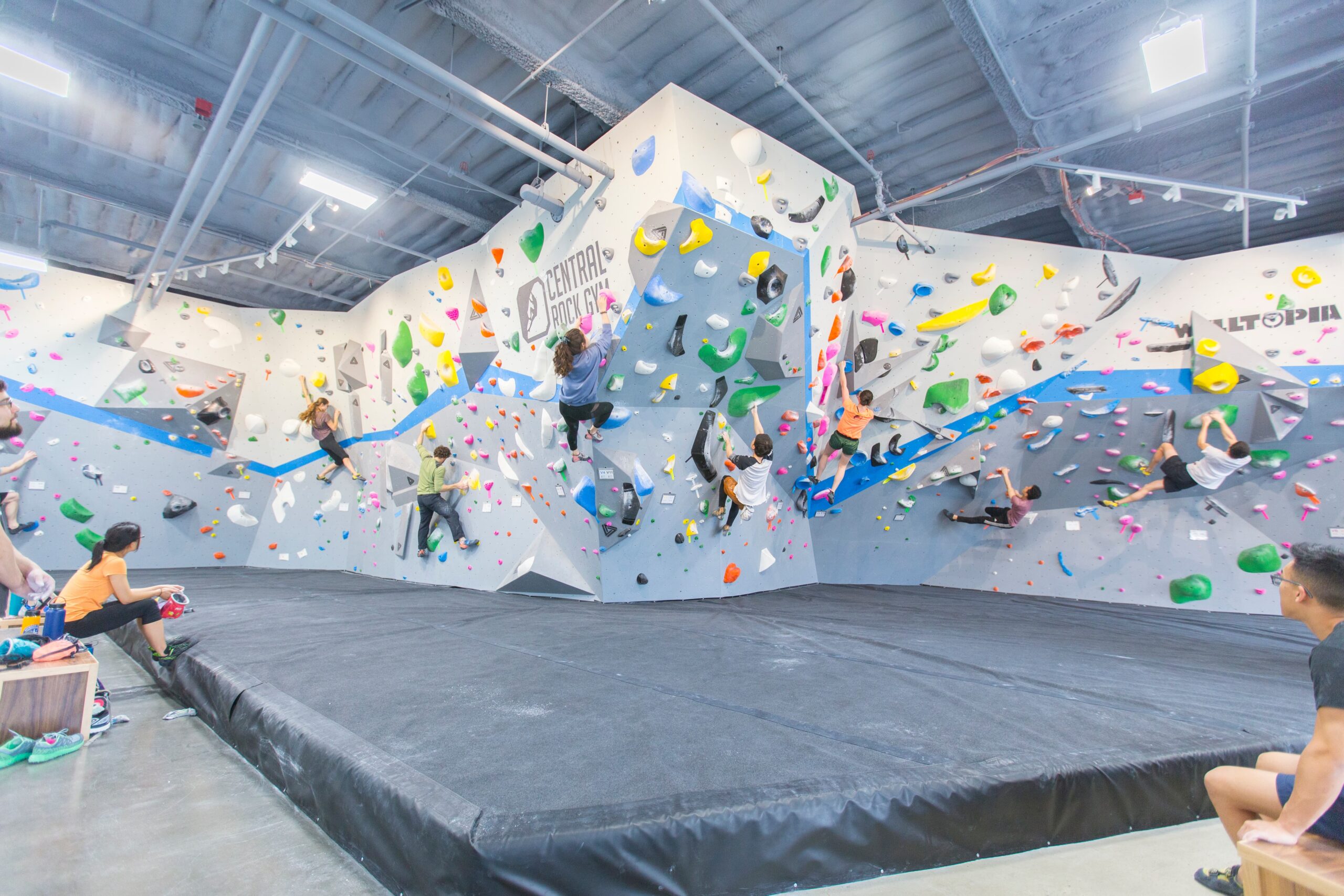 a group of people are bouldering at central rock gym